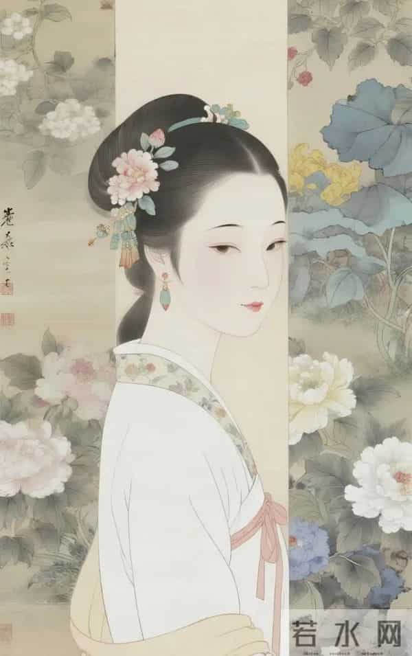 工笔月下簪花仕女（ 窈窕淑影，丰韵娉婷 ）