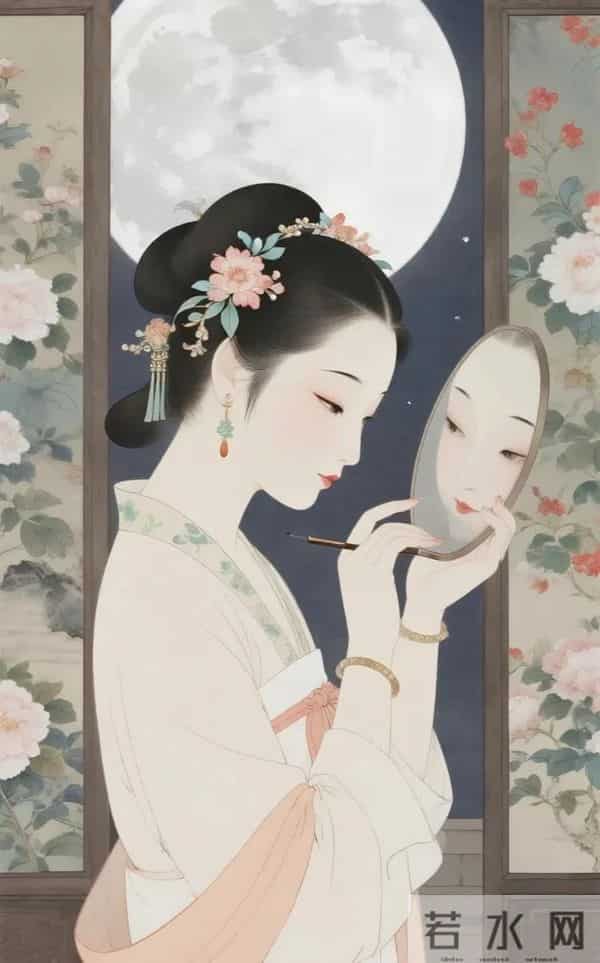 工笔月下簪花仕女（ 窈窕淑影，丰韵娉婷 ）