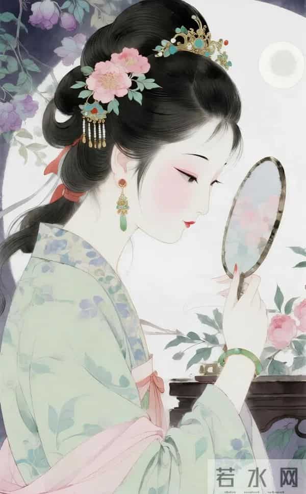 工笔月下簪花仕女（ 窈窕淑影，丰韵娉婷 ）