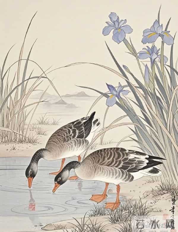 水边鹅戏影，花间鸟语香