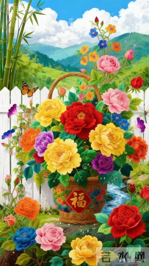 篱笆藤蔓缀繁花，小溪潺潺，牡丹月季，福满门庭，万事如意