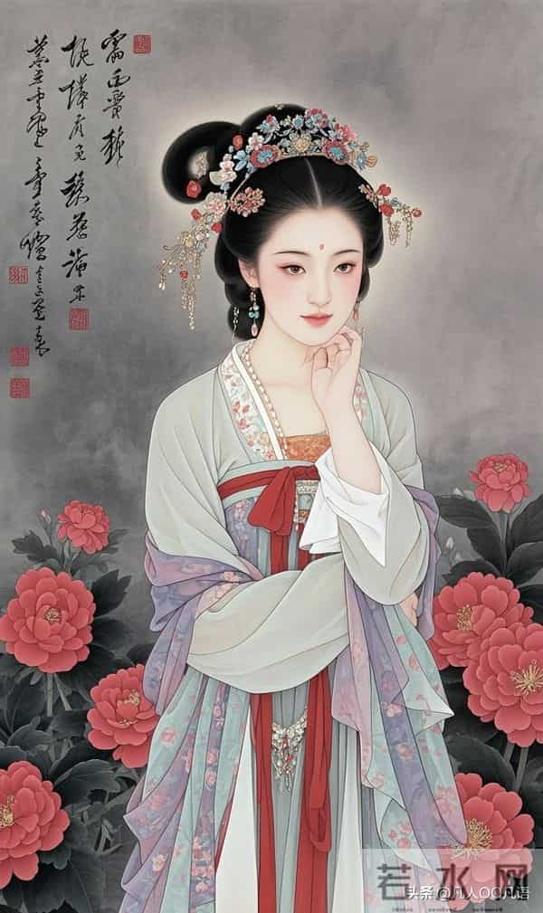 美图：工笔红花仕女