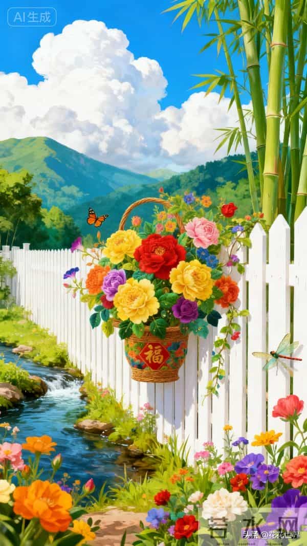 篱笆藤蔓缀繁花，小溪潺潺，牡丹月季，福满门庭，万事如意