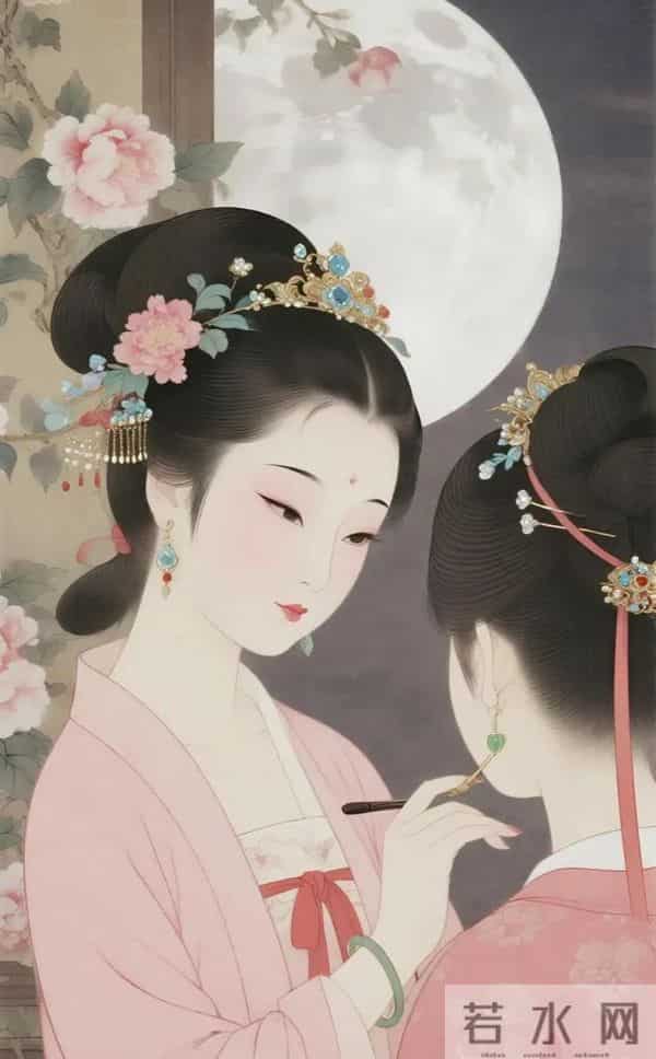 工笔月下簪花仕女（ 窈窕淑影，丰韵娉婷 ）