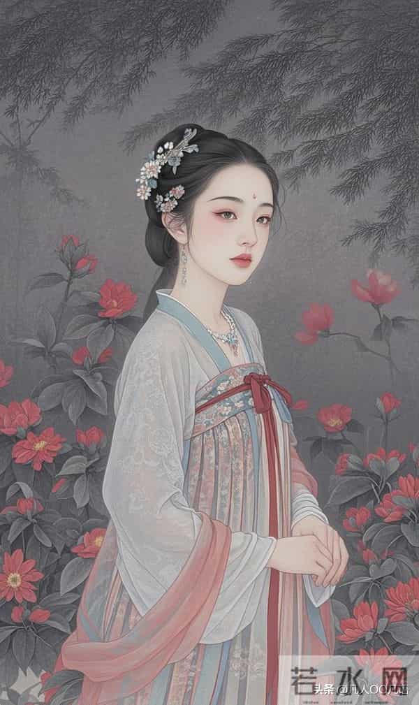美图：工笔红花仕女