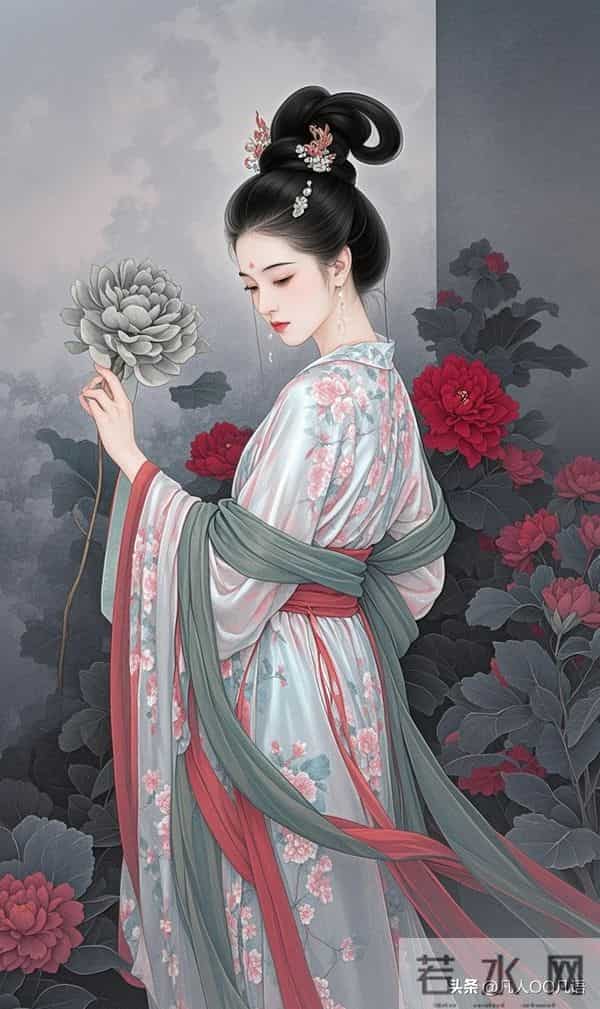 美图：工笔红花仕女