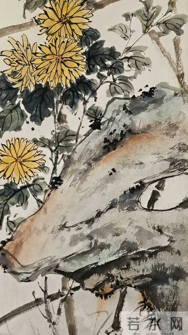 《石篱秋韵图》——胡玉德老师创作菊花篱笆与太湖石组合国画