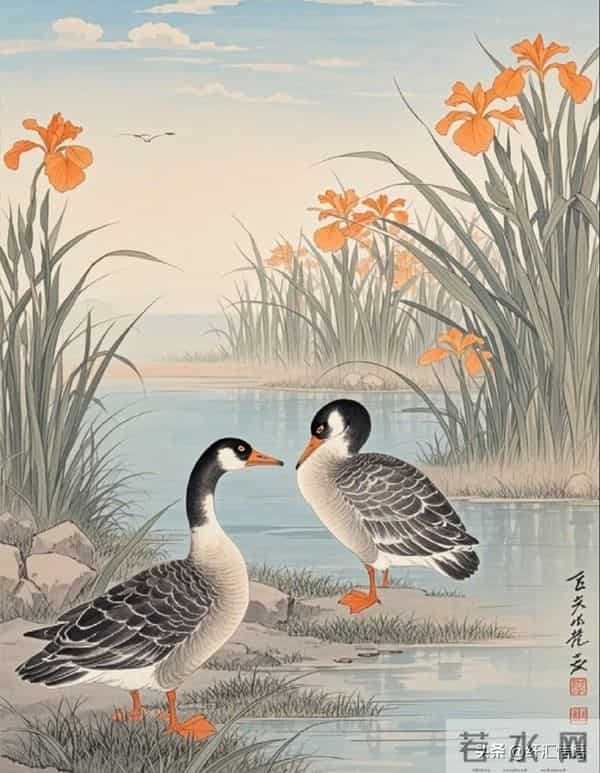 水边鹅戏影，花间鸟语香