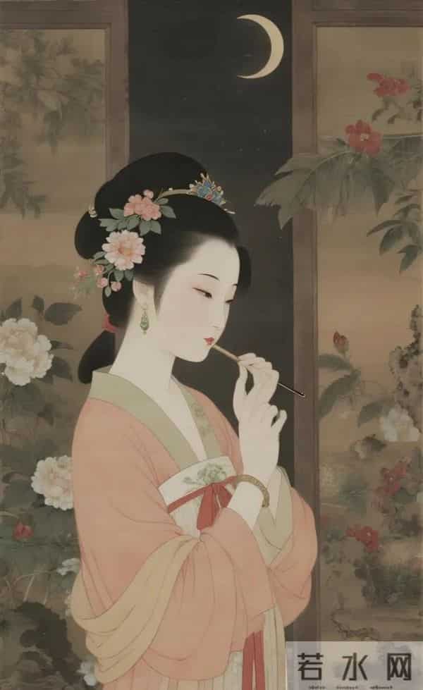 工笔月下簪花仕女（ 窈窕淑影，丰韵娉婷 ）