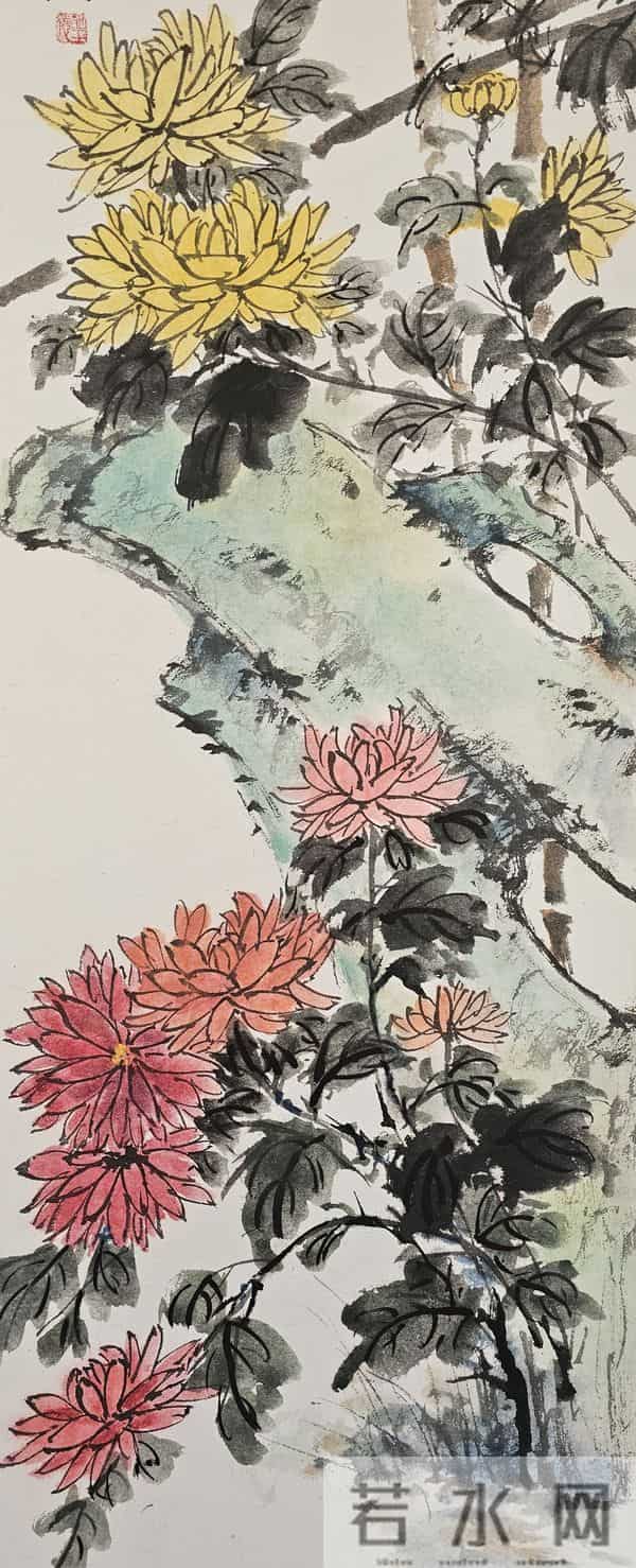 《石篱秋韵图》——胡玉德老师创作菊花篱笆与太湖石组合国画