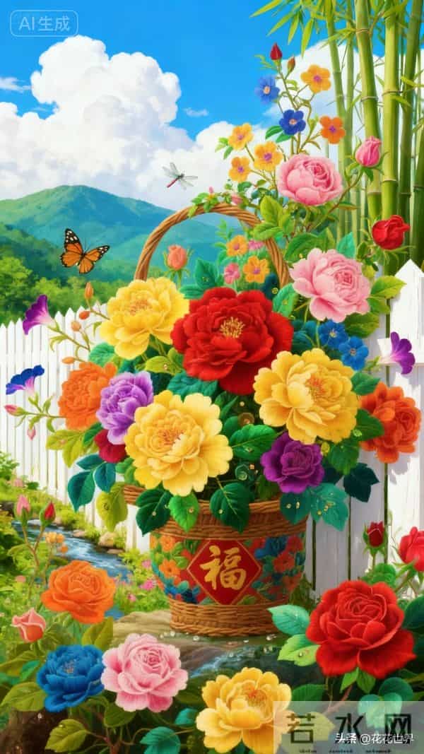 篱笆藤蔓缀繁花，小溪潺潺，牡丹月季，福满门庭，万事如意