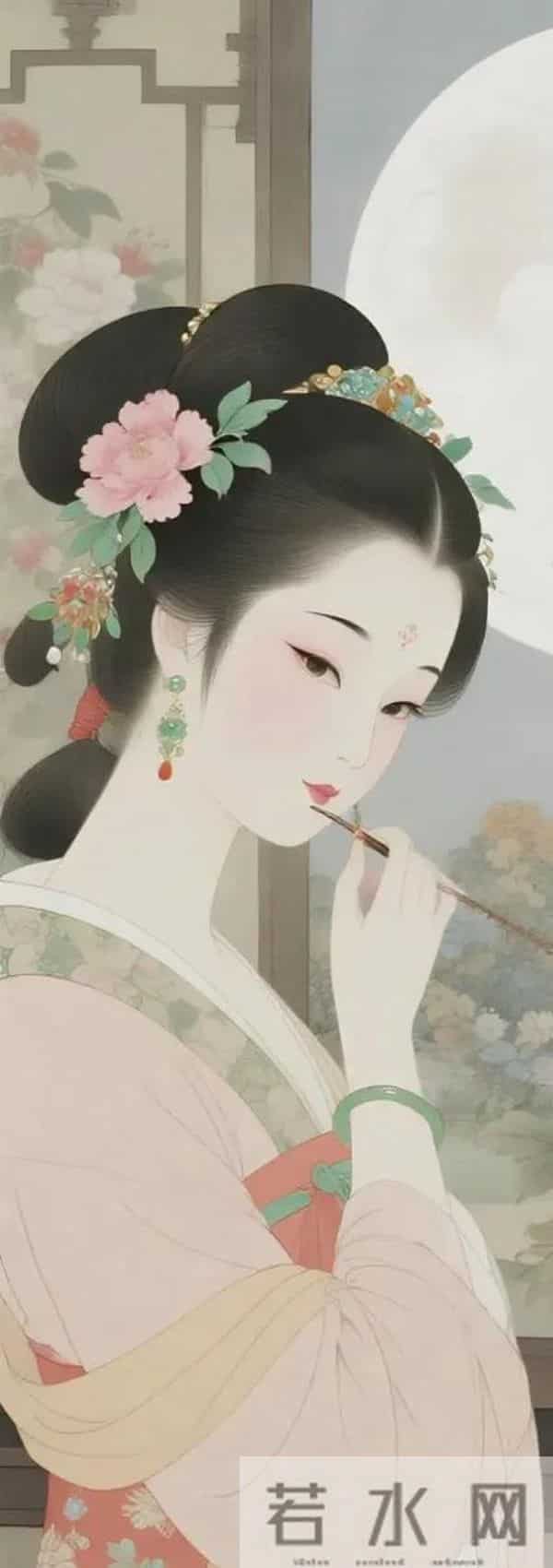 工笔月下簪花仕女（ 窈窕淑影，丰韵娉婷 ）