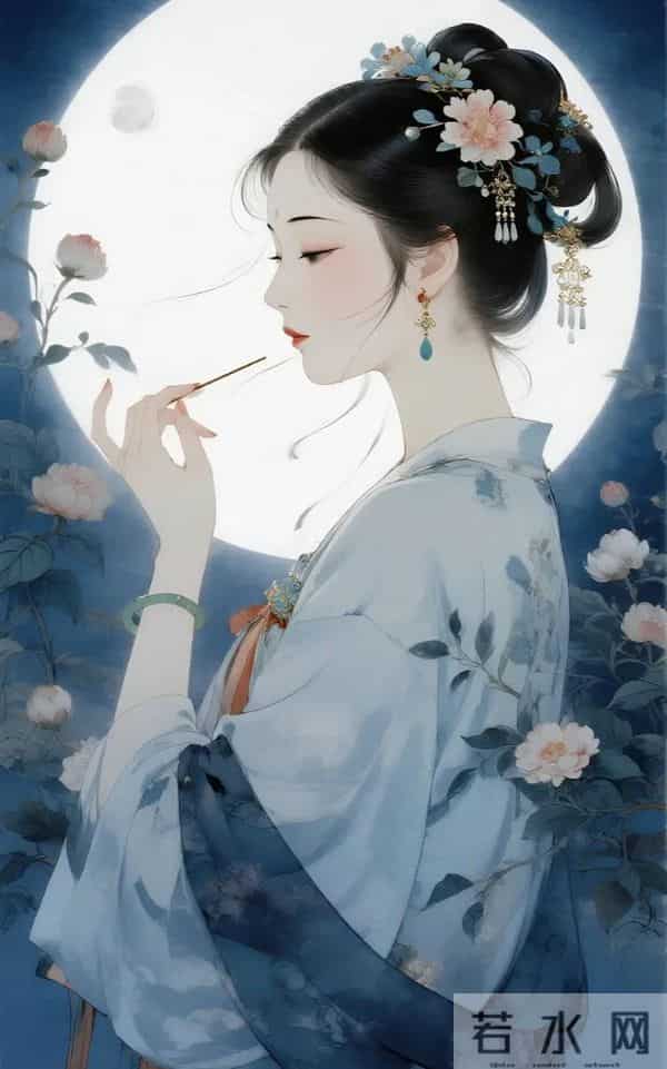 工笔月下簪花仕女（ 窈窕淑影，丰韵娉婷 ）