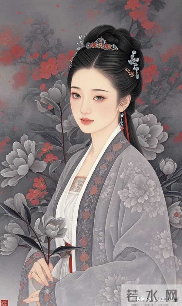 美图：工笔红花仕女