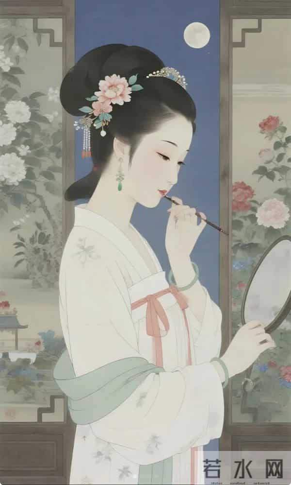 工笔月下簪花仕女（ 窈窕淑影，丰韵娉婷 ）