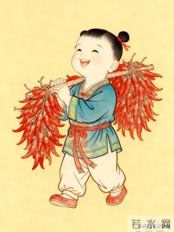 这组工笔画里的“辣椒娃娃”，把中国年的红火劲儿画活了！