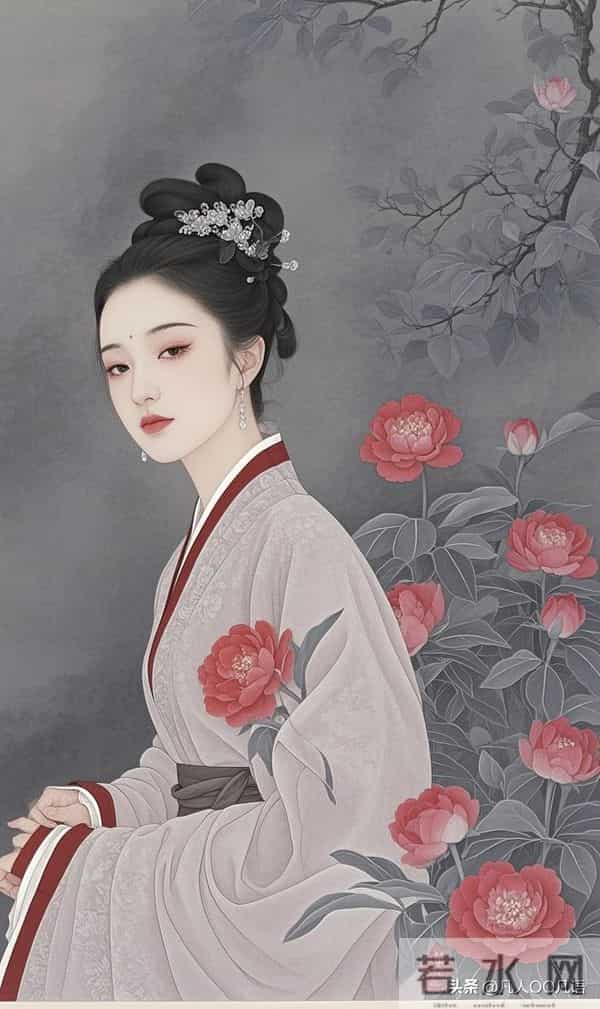 美图：工笔红花仕女