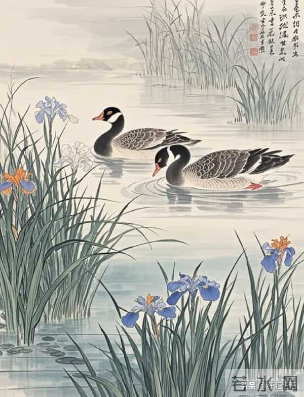 水边鹅戏影，花间鸟语香