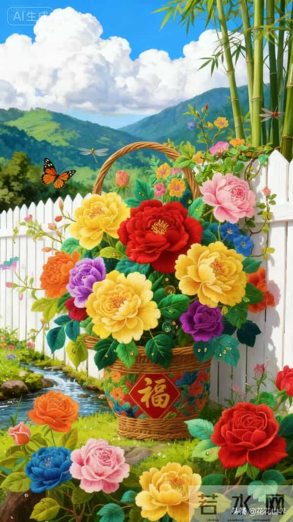 篱笆藤蔓缀繁花，小溪潺潺，牡丹月季，福满门庭，万事如意