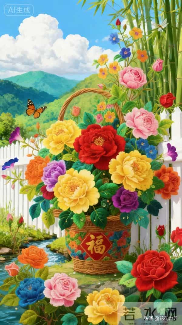 篱笆藤蔓缀繁花，小溪潺潺，牡丹月季，福满门庭，万事如意