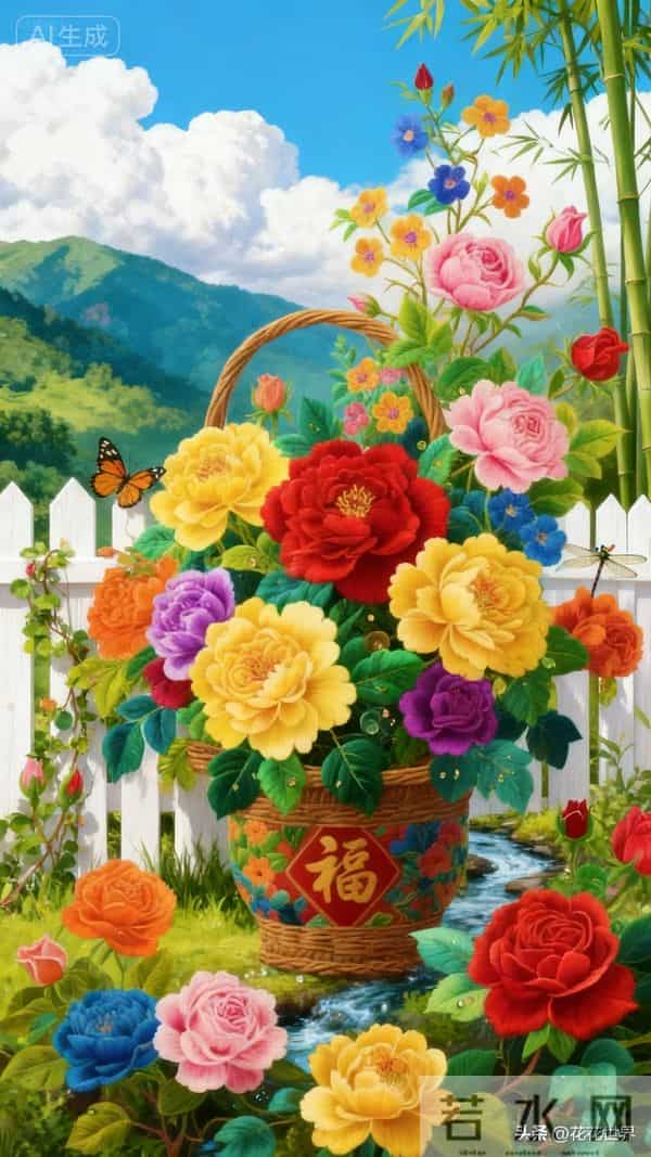 篱笆藤蔓缀繁花，小溪潺潺，牡丹月季，福满门庭，万事如意