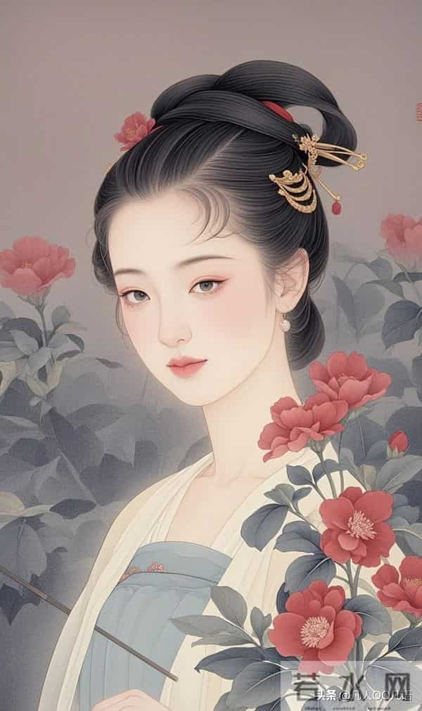 美图：工笔红花仕女