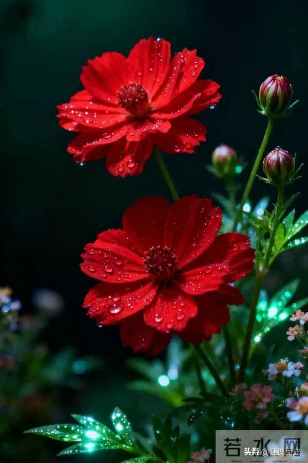 夜雨中的赤焰：波斯菊与暗夜里的灼目温柔