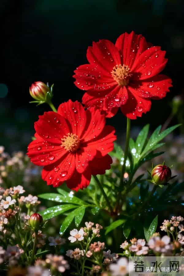 夜雨中的赤焰：波斯菊与暗夜里的灼目温柔
