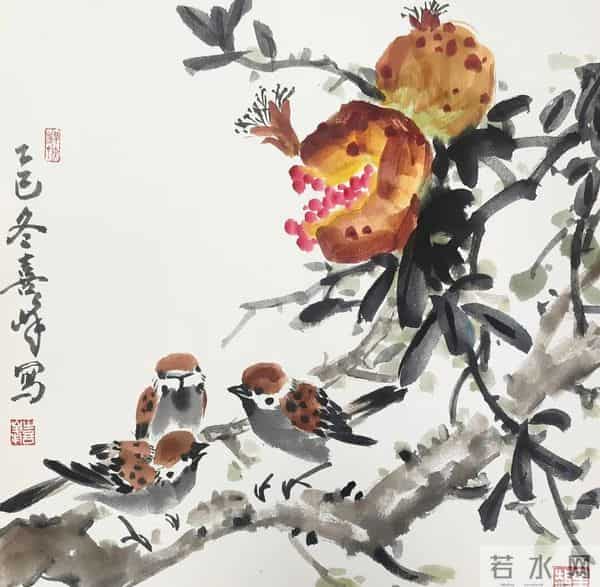 裂果栖雀，纸上秋光：看一颗石榴画透生活的暖