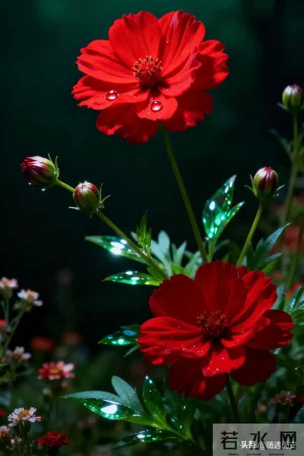 夜雨中的赤焰：波斯菊与暗夜里的灼目温柔