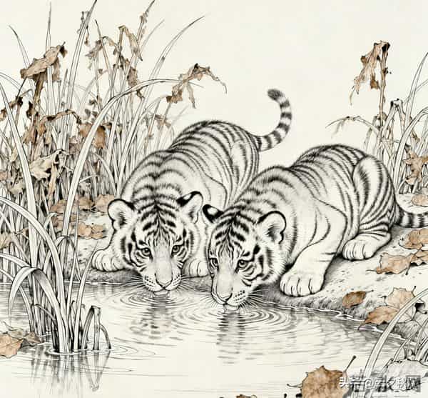 笔尖生威！工笔线条下的虎崽灵韵，每一笔都是东方美学的极致
