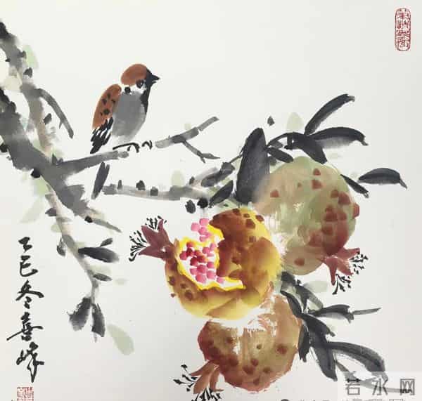 裂果栖雀，纸上秋光：看一颗石榴画透生活的暖