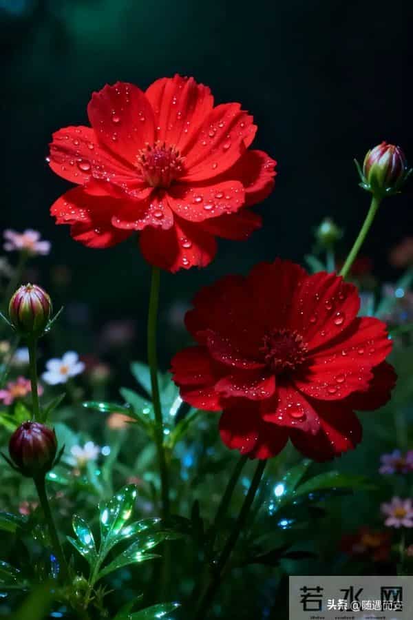夜雨中的赤焰：波斯菊与暗夜里的灼目温柔