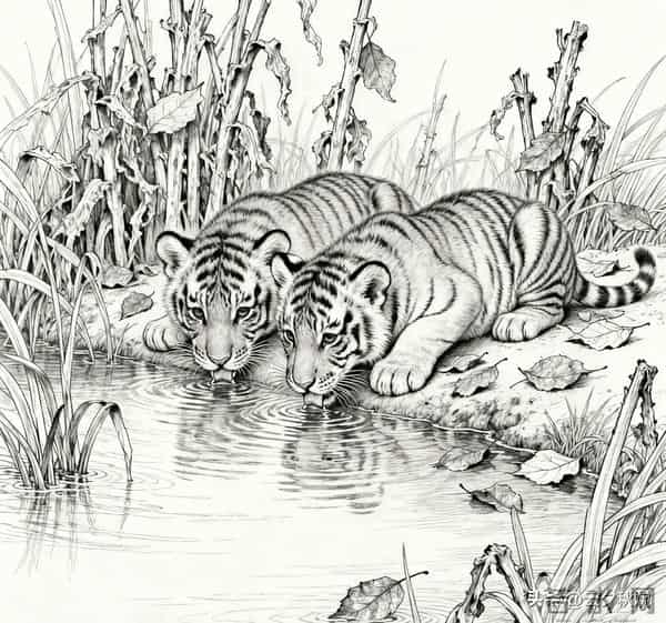 笔尖生威！工笔线条下的虎崽灵韵，每一笔都是东方美学的极致