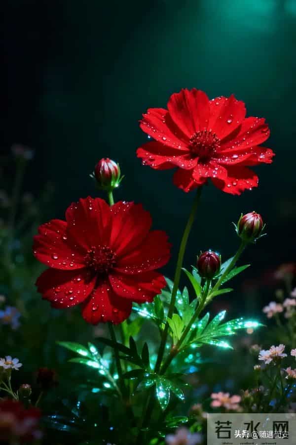 夜雨中的赤焰：波斯菊与暗夜里的灼目温柔