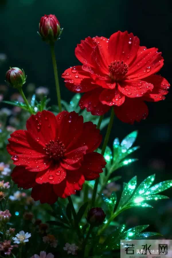 夜雨中的赤焰：波斯菊与暗夜里的灼目温柔