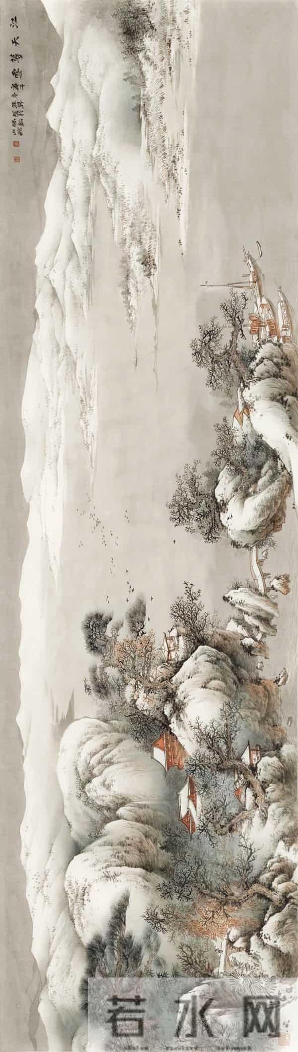姚涯屏山水画《江天暮雪》欣赏