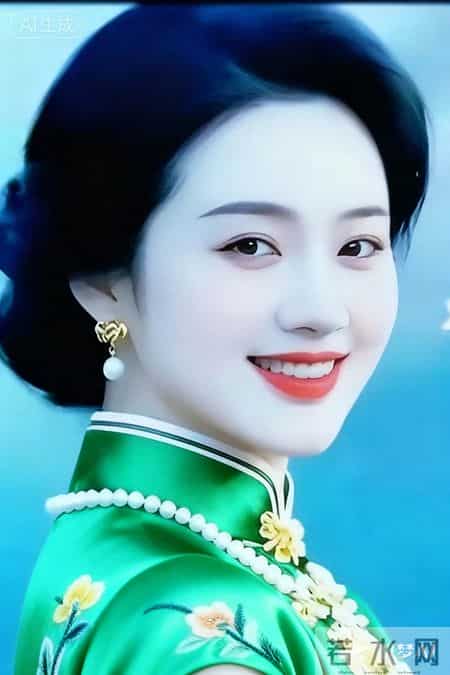 绿罗旗袍裁春色，珠玉簪妆绽芳华。沉鱼落雁，一顾倾城