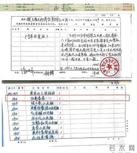 南博出示专家鉴定记录：拨交给原江苏省文物总店，“顾客”6800元购买，销售清单明示为《仿仇英山水卷》