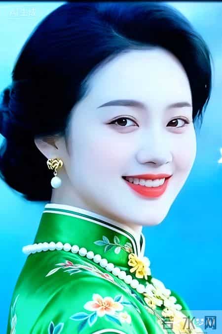绿罗旗袍裁春色，珠玉簪妆绽芳华。沉鱼落雁，一顾倾城