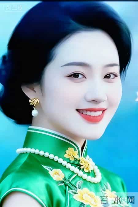 绿罗旗袍裁春色，珠玉簪妆绽芳华。沉鱼落雁，一顾倾城