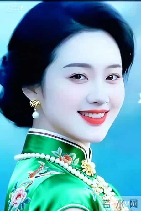 绿罗旗袍裁春色，珠玉簪妆绽芳华。沉鱼落雁，一顾倾城