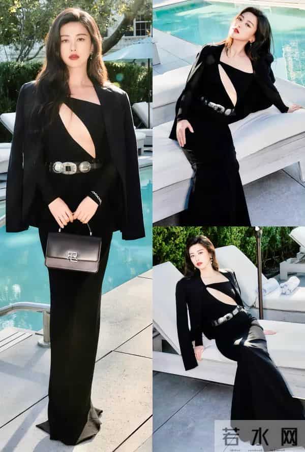朱珠身着黑色修身连衣裙，胸围傲人搭配黑色外套，简直长腿女神？