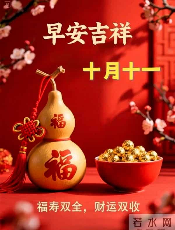 农历十月十一早安祝福，愿您福寿双全常相伴，财运双收喜连连
