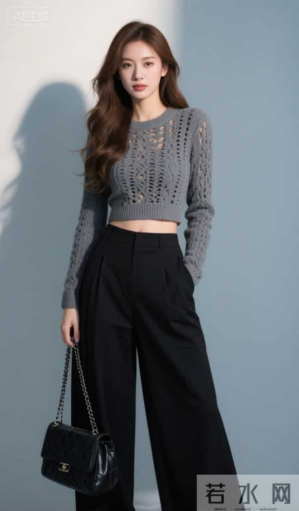 穿灰色镂空毛衣的美女