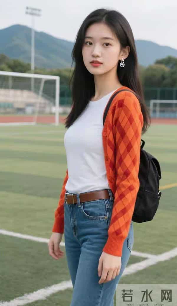 橙色格子毛衣与牛仔裤