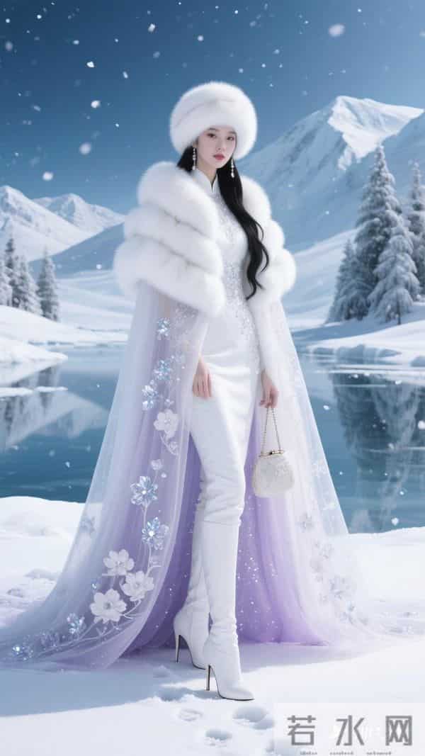 法式精美花纱装饰白色毛呢帽子 黑色长长头发飘逸柔顺 洁白法式斗篷