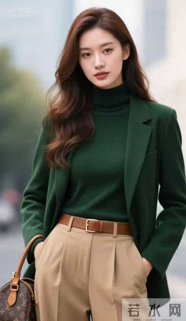 墨绿色西装的美女