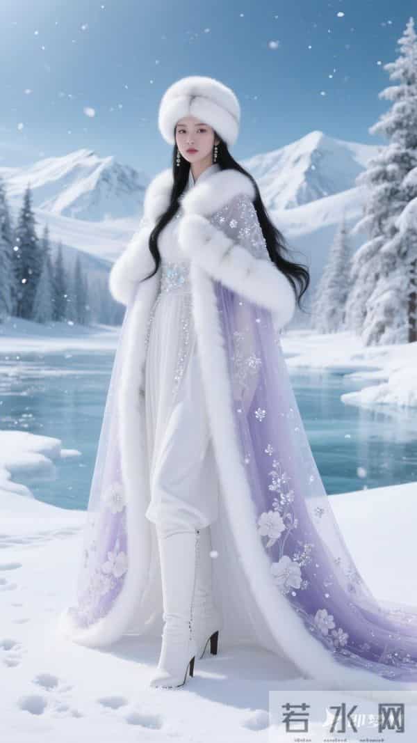 法式精美花纱装饰白色毛呢帽子 黑色长长头发飘逸柔顺 洁白法式斗篷