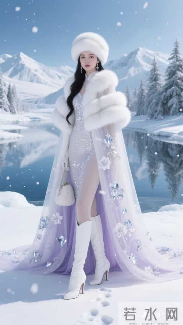 法式精美花纱装饰白色毛呢帽子 黑色长长头发飘逸柔顺 洁白法式斗篷